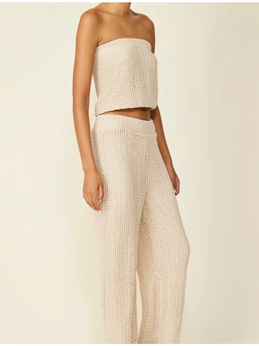 Sleeveless Crochet Wide-Leg Pants Set in Cream